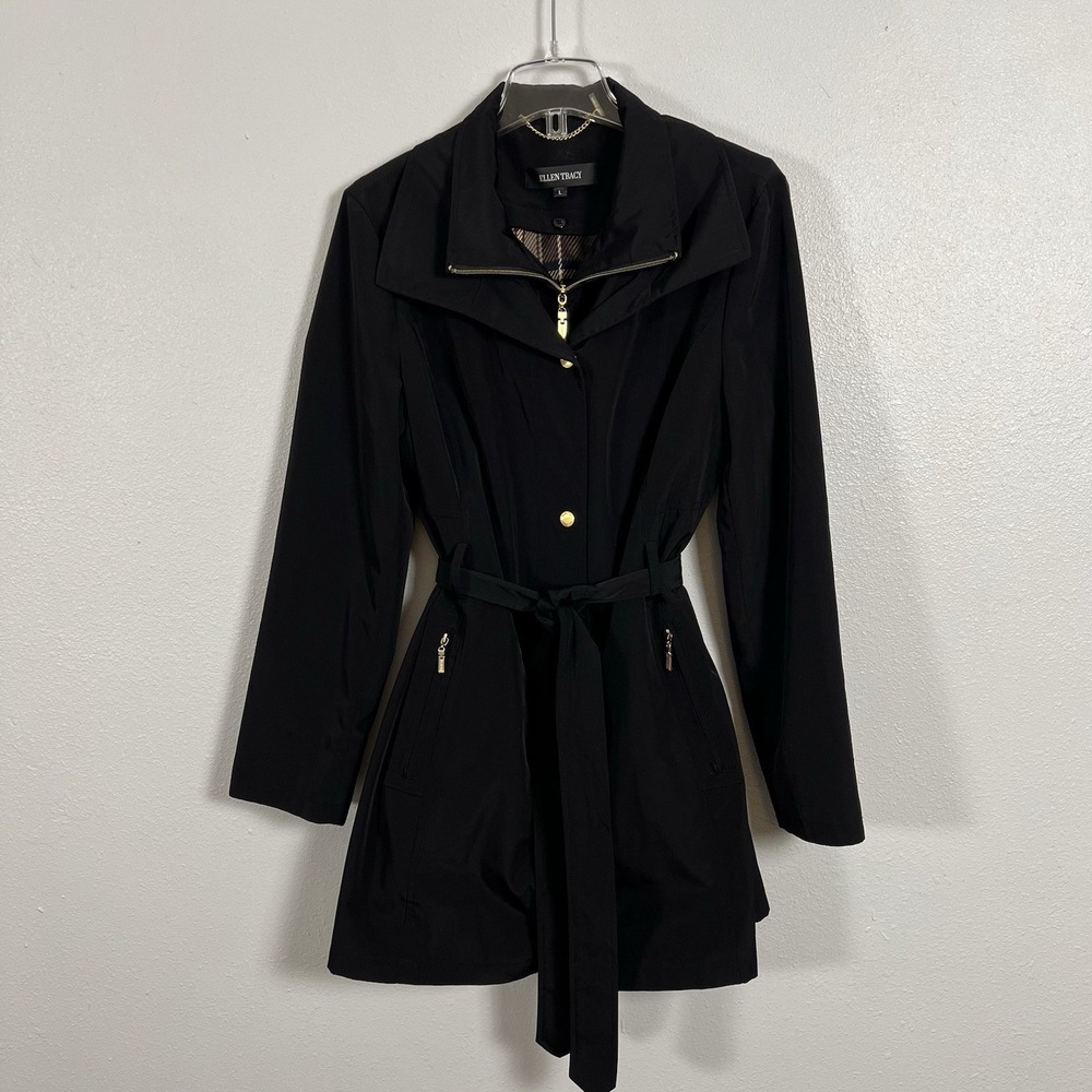 Ellen Tracy Black Trench Coat Belted Gold Detail‎ Zip Pockets Women's Large